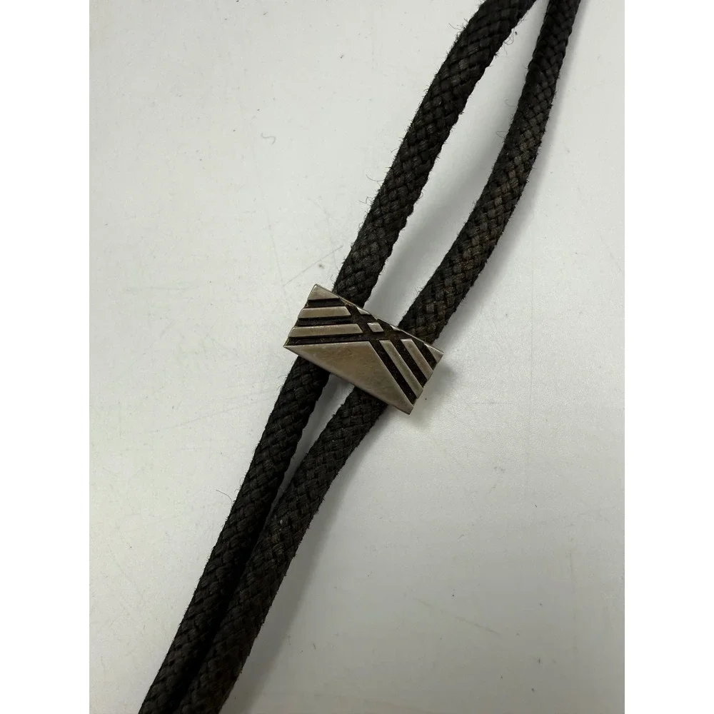 Vintage Geometric Rectangular Bolo Tie Black Braided Cord Brass Tips Western